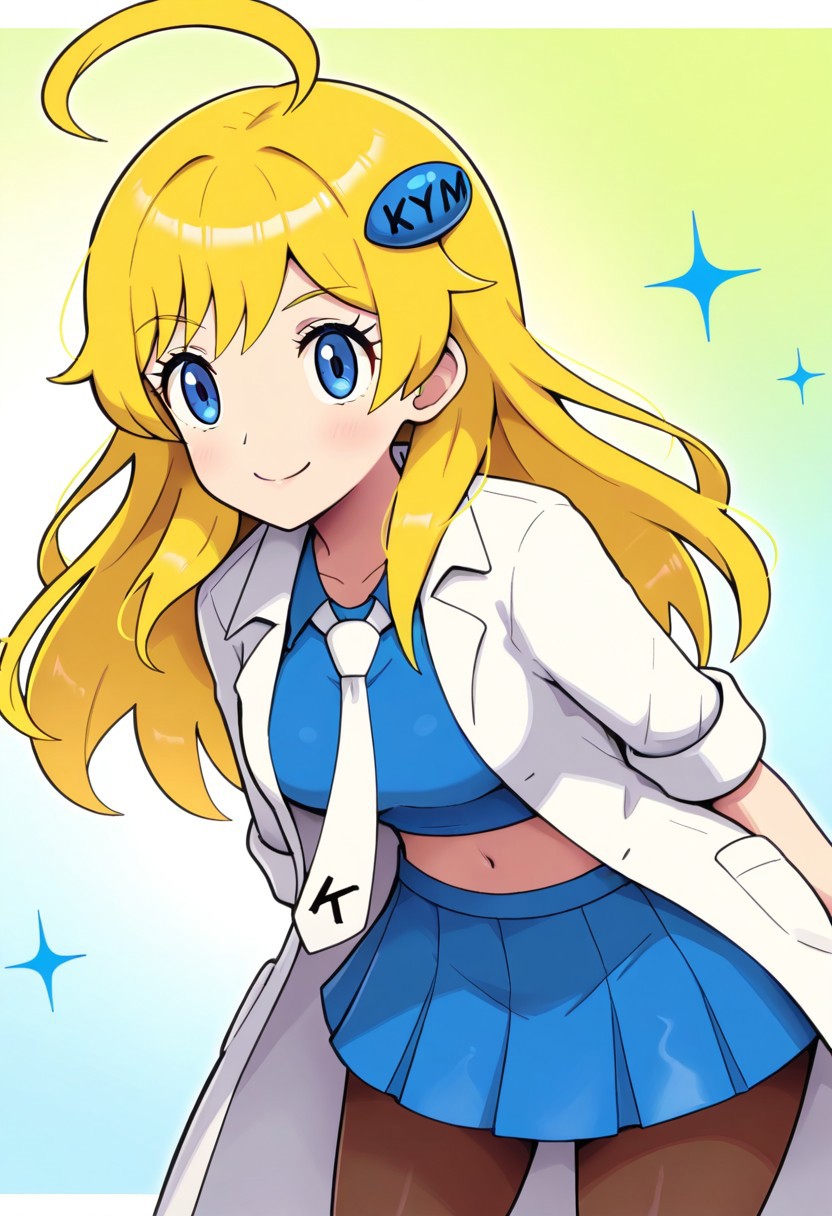 [[hinosaki, pokemoa, gonzarez]], 2d, masterpiece, best quality, amazing quality, 1girl, solo, close-up, standing, smile, upper body, leaning_forward, looking at viewer, multicolored background, sparkle, gradient background, colorful background, green background, blue background, clovers, clkymmi, blonde hair, blue eyes, ahoge, long hair, bangs, hair ornament, blue crop top, white necktie, labcoat, open coat, three-quarter sleeves, sleeves rolled up, midriff, pleated skirt, blue skirt, miniskirt, brown pantyhose