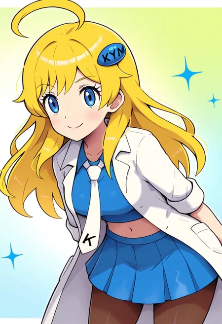 [[hinosaki, pokemoa, gonzarez]], 2d, masterpiece, best quality, amazing quality, 1girl, solo, close-up, standing, smile, upper body, leaning_forward, looking at viewer, multicolored background, sparkle, gradient background, colorful background, green background, blue background, clovers, clkymmi, blonde hair, blue eyes, ahoge, long hair, bangs, hair ornament, blue crop top, white necktie, labcoat, open coat, three-quarter sleeves, sleeves rolled up, midriff, pleated skirt, blue skirt, miniskirt, brown pantyhose