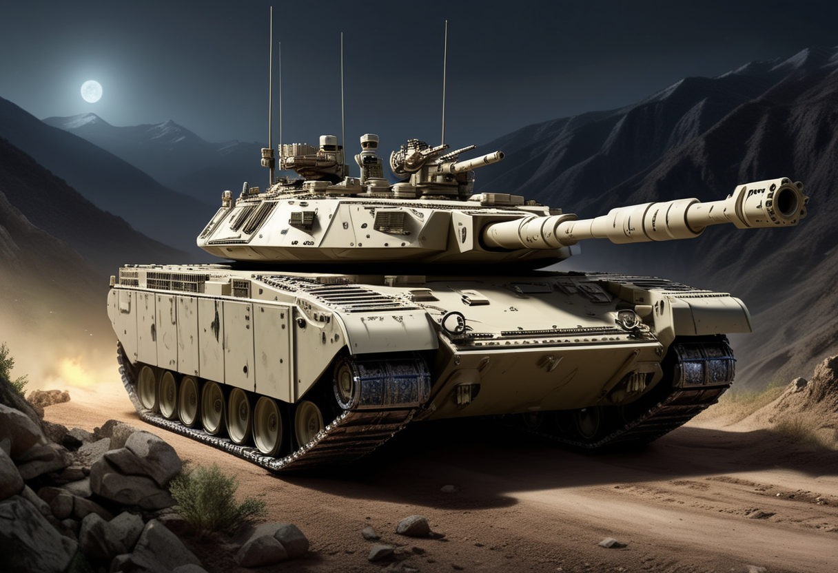 (medium full shot) of (versatile expansive digital-camo tank) with reactive armor, gas-turbine, amphibious capabilities, adorned with tactical markings, set in  a valley ambush, with strategic positions on the slopes, the tank preparing for an attack , during a nighttime operation, ,Masterpiece,best quality, raw photo, realistic, very aesthetic