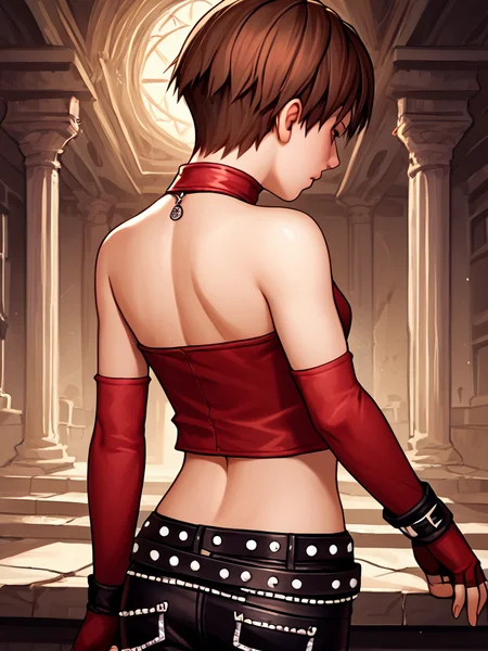 score_9, score_8_up, score_7_up, BREAK source_anime, rating_explicit, best quality, masterpiece, 1girl, solo,   <lora:re_rebecca_leather:1> becky_crop, red halter crop top, black leather pants, red elbow gloves, fingerless gloves, midriff, short hair, brunette, belt, studded belt, dark theme, inside abandoned mansion,  horror (theme), rear view, bare back halter
