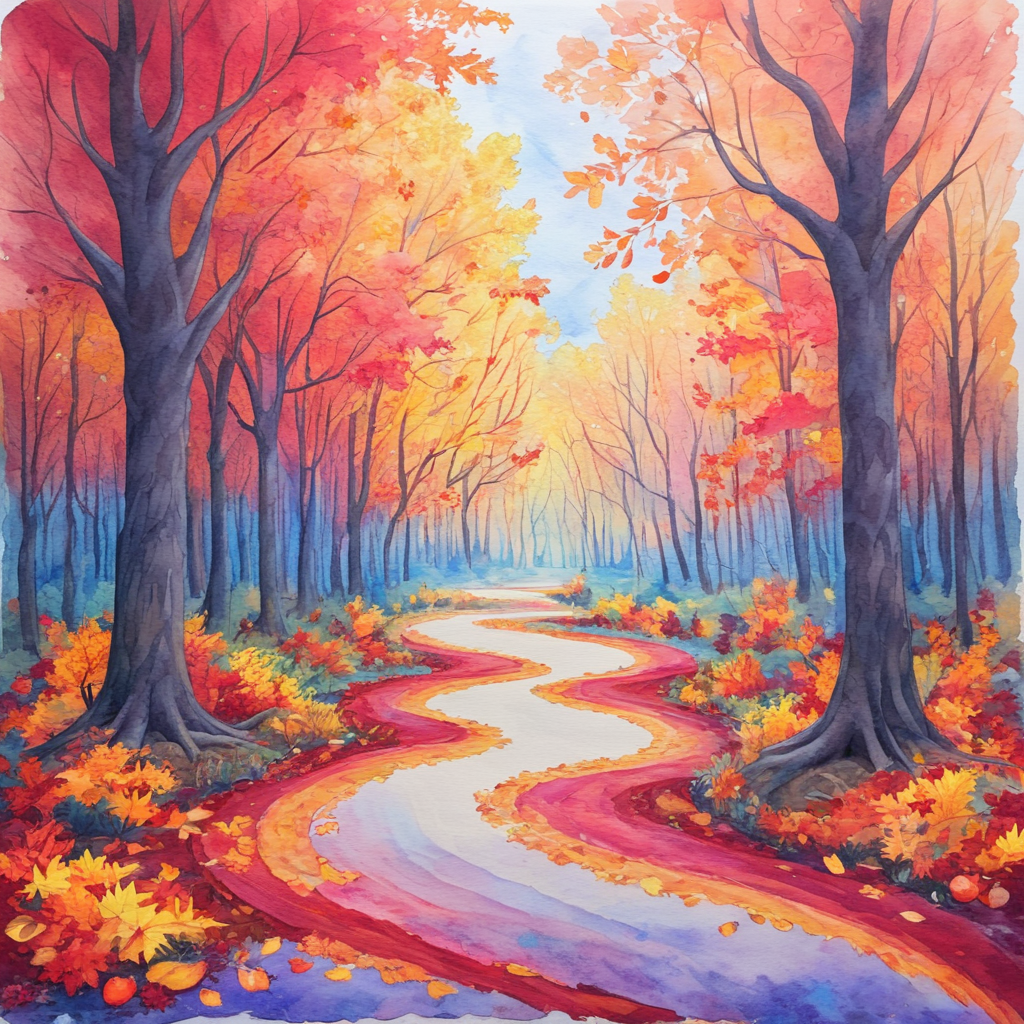 <lora:WatercolorSDXL2:1> ArsMJStyle, Watercolor,  A colorful autumn forest, with a winding path disappearing among trees ablaze in reds, oranges, and golds. Fallen leaves carpet the ground, their colors blending in a swirl of impressionistic brushstrokes. The scene pulses with the vibrant energy of the changing seasons.