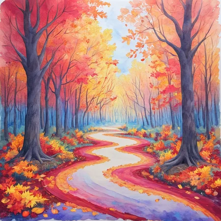 <lora:WatercolorSDXL2:1> ArsMJStyle, Watercolor, A colorful autumn forest, with a winding path disappearing among trees ablaze in reds, oranges, and golds. Fallen leaves carpet the ground, their colors blending in a swirl of impressionistic brushstrokes. The scene pulses with the vibrant energy of the changing seasons.