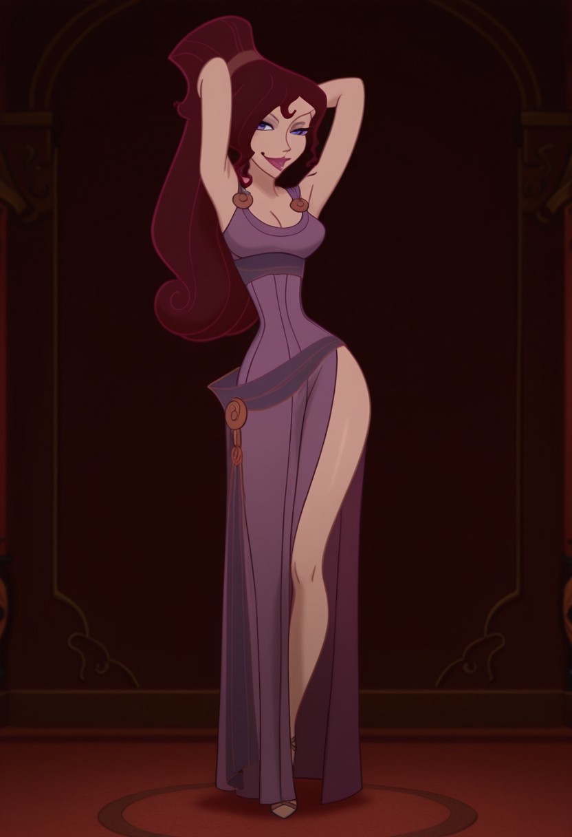 1girl, masterpiece, best quality, amazing quality, absurdres, <lora:Megara__Illustrious:1> m3g4r4, megara (hercules disney), long hair, tied hair, brown hair, purple eyes, purple Greek dress, cleavage, sexy makeup, lipstick, smiling, full body, flirtatious, seductive, alluring, arms behind head,