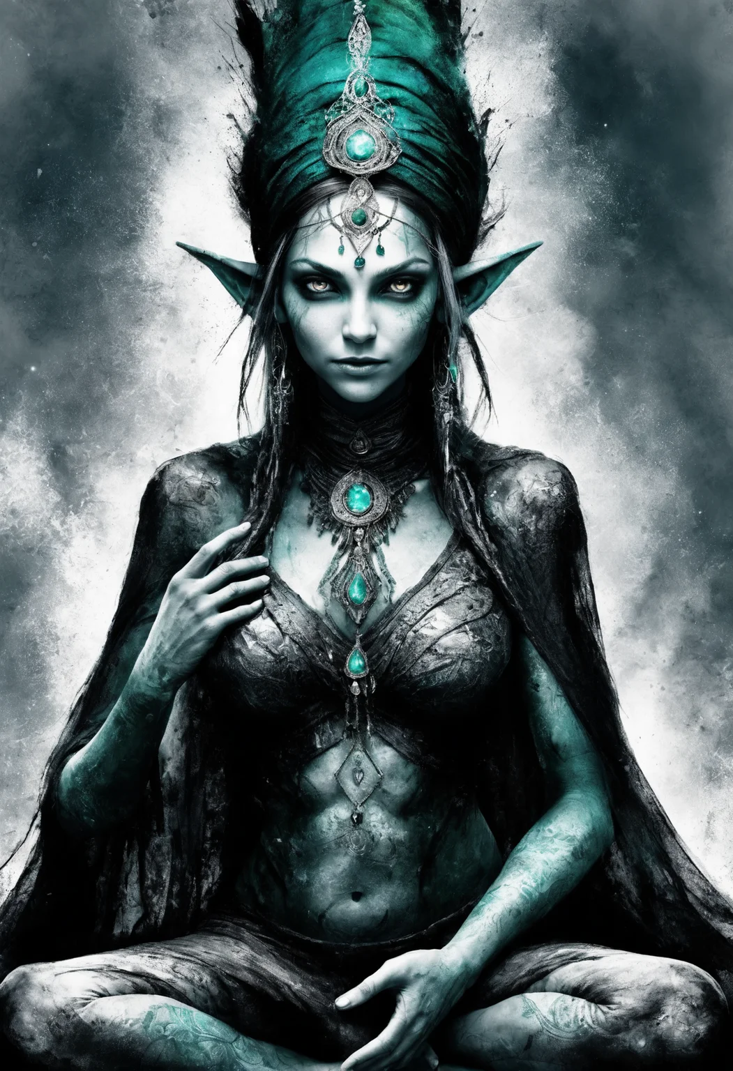 DonMB14ckB377yXL (masterpiece, best quality), female female elf, humanoid creature, slender, graceful, pointed ears, fair colored hair, almond shaped eyes with vibrant colors, ageless appearance, otherworldly ethereal glow, elaborate nature inspired attire, magic, regal noble demeanor, midlife, full-figured, gypsies, emerald eyes, pointed ears, protruding chin, triangle face shape, , copper fringe haircut hair, surprise, meditating in a lotus position, seeking inner wisdom, wearing sorceress gown, sorceress gowns, turban headband, vivify ( bose-einstein condensate enrapturing diamond white celestial pyramid whipping spiral lines nano-enhanced thermal insulation vibration magic:1.0), celestial harmony, hands in prayer, seeking celestial blessings, radiant aura, (highres, 4k, 8k, intricate detail, amazing quality, Detailed Illustration) <lora:Perfect Hands v2> <lora:SDXL\DetailedEyes_V3> <lora:myLoraXL_test\DonMB14ckB377yXL-000008>