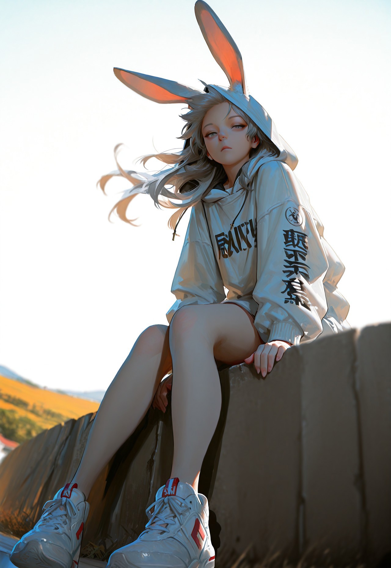 masterpiece, ultra-HD, cinematic lighting, photorealistic, impressionism (1.5), high detail, depth of field, (blurred background), (dramatic lighting),masterpiece, best quality, very aesthetic,8k,masterpiece, best quality,realistic, masterpiece, best quality, 8k,, usnr, 1girl,solo,pale skin,long hair,detailed hands,harajuku rabbit ear jacket,cross rabbit ears, hoodie, hood up, rabbit ears, detailed fingers,floating hair, sitting, looking at viewer,text on clothes, long sleeves, grey eyes,tokkoufuku,bosozoku,clothes writing,outdoors, white footwear, shoes, grey hair, blurry, white shirt, wind,scenery view,8k,intricate details,dutch angle,fisheye,from below,sneakers,