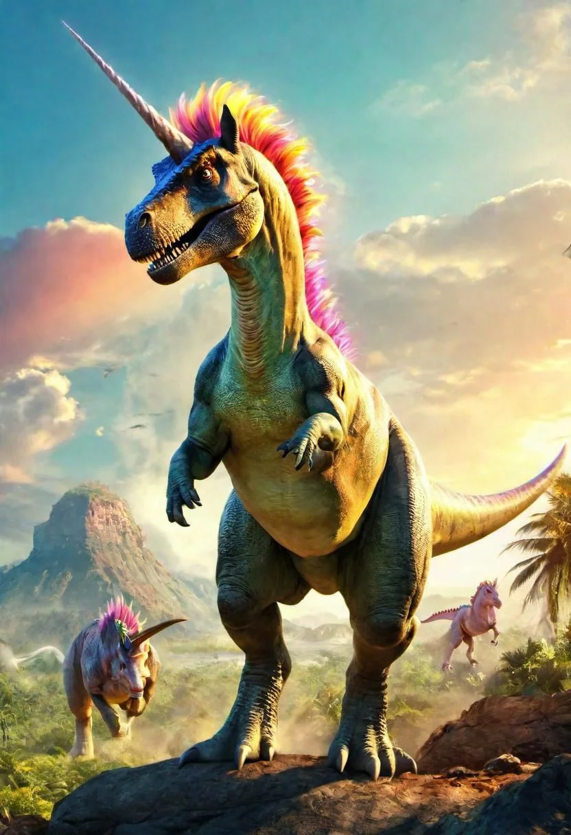 breathtaking dinosaur as unicorn, vivid, epic, cinematic scene, scenery, detailed background, masterpiece, best quality, high quality, absurdres, award-winning, professional, highly detailed