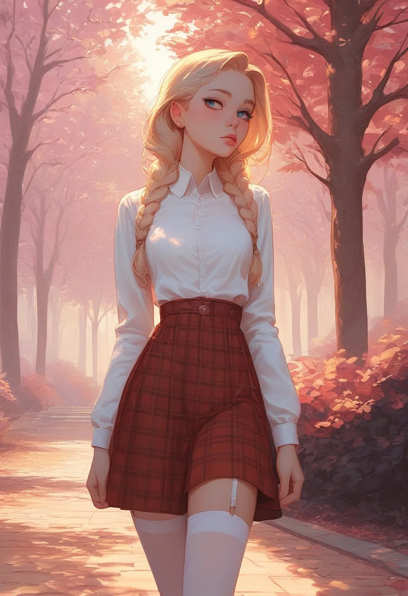 masterpiece, score_9,score_8_up, score_7_up, score_6_up, (pastel colors, high contrast,expressiveh), solo focus, 18 year old girl, blonde hair, (twin braids:1.2), long hair, red plaid skirt, white shirt, blue eyes, mascara, white thigh highs, garter straps, posing, large chest, petite, looking back, from behind, standing on stone path in park, trees, in background, sunlight, sunny,