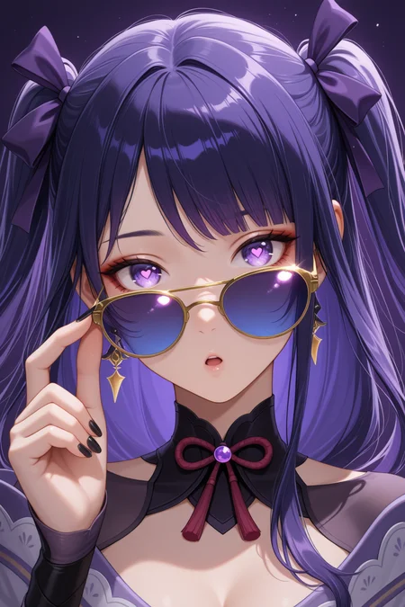embedding:lazypos, musou isshin (genshin impact), 1girl, :o, adjusting eyewear, artist name, black nails, purple hair, earrings, fingernails, hair ribbon, heart, heart-shaped pupils, jewelry, long hair, parted bangs, thin gold framed sunglasses, blue tinted lens, portrait, purple background, purple eyes, purple ribbon, ribbon, simple background, solo, symbol-shaped pupils, tinted eyewear, two side up, upper body