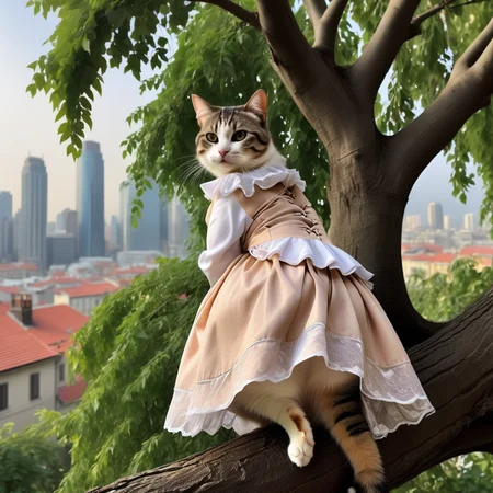 The image depicts  cat is posing on a tree, kneeling in such a way that the dress obscures her lower back,  .  <lora:ptgs:0.8>,city,cat