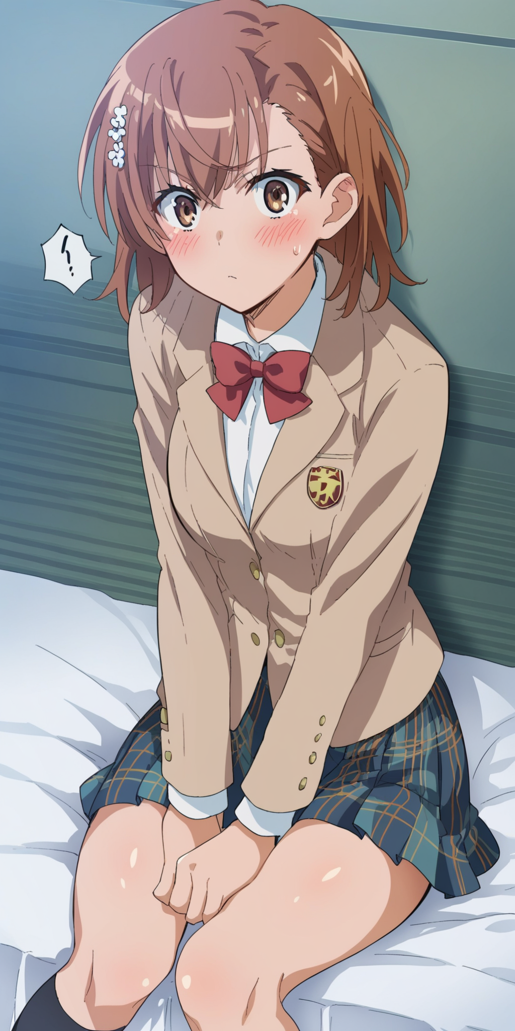 score_9, score_8_up, score_7_up, score_6_up, source_anime, intricate details, mikoto misaka,  <lora:Mikoto_Misaka:1>, tokiwadai uniform, plaid skirt, multicolored skirt, hair ornament, blazer, red bow, black socks, brown eyes, brown hair, short hair, looking at viewer, official artstyle, medium breasts, sitting, inside, grabbing legs, embarassed face, blushing