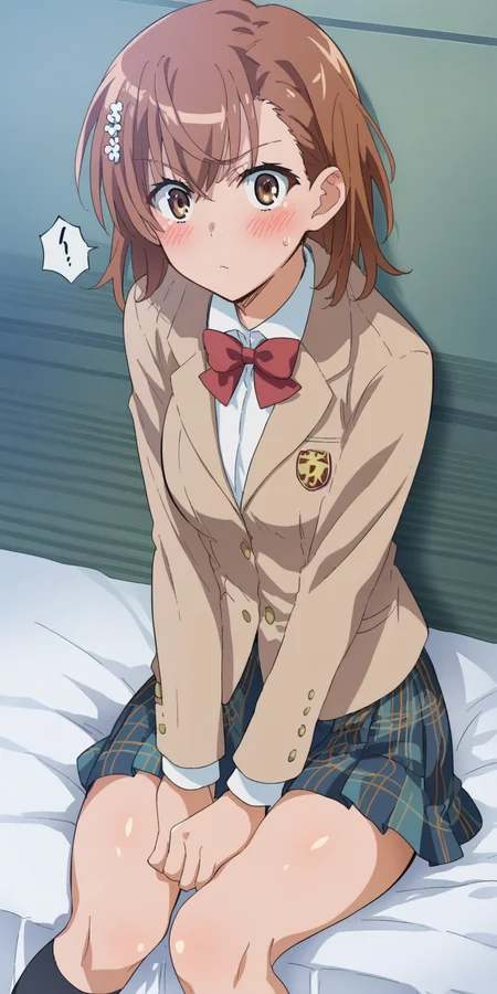 score_9, score_8_up, score_7_up, score_6_up, source_anime, intricate details, mikoto misaka, <lora:Mikoto_Misaka:1>, tokiwadai uniform, plaid skirt, multicolored skirt, hair ornament, blazer, red bow, black socks, brown eyes, brown hair, short hair, looking at viewer, official artstyle, medium breasts, sitting, inside, grabbing legs, embarassed face, blushing