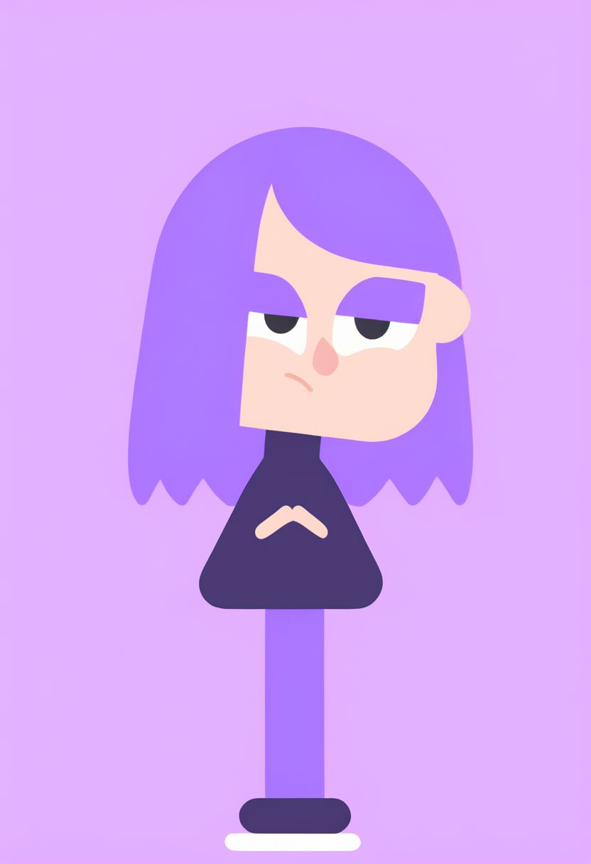 Lily, LilyDuolingo, girl, light purple hair, hair over one eye, purple nails, thin body, petite, purple sweater, purple leggings, FLAT COLOR,
SIMPLE BACKGROUND, 
MINIMALISTIC,
VECTOR ART,
CLEAN LINES,
ILLUSTRATION,
GRAPHIC DESIGN,
VECTOR GRAPHICS
