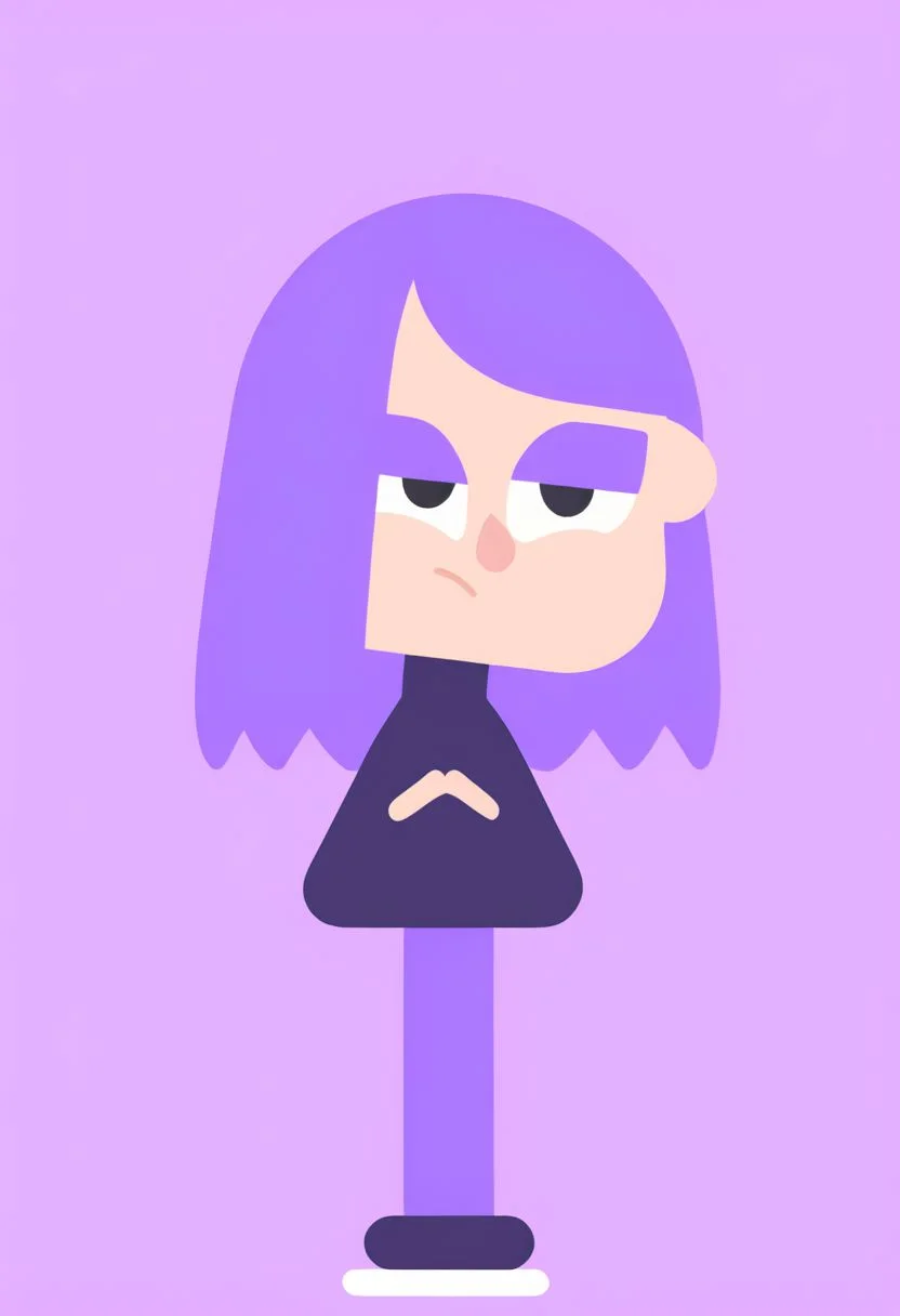 Lily, LilyDuolingo, girl, light purple hair, hair over one eye, purple nails, thin body, petite, purple sweater, purple leggings, FLAT COLOR,
SIMPLE BACKGROUND,
MINIMALISTIC,
VECTOR ART,
CLEAN LINES,
ILLUSTRATION,
GRAPHIC DESIGN,
VECTOR GRAPHICS