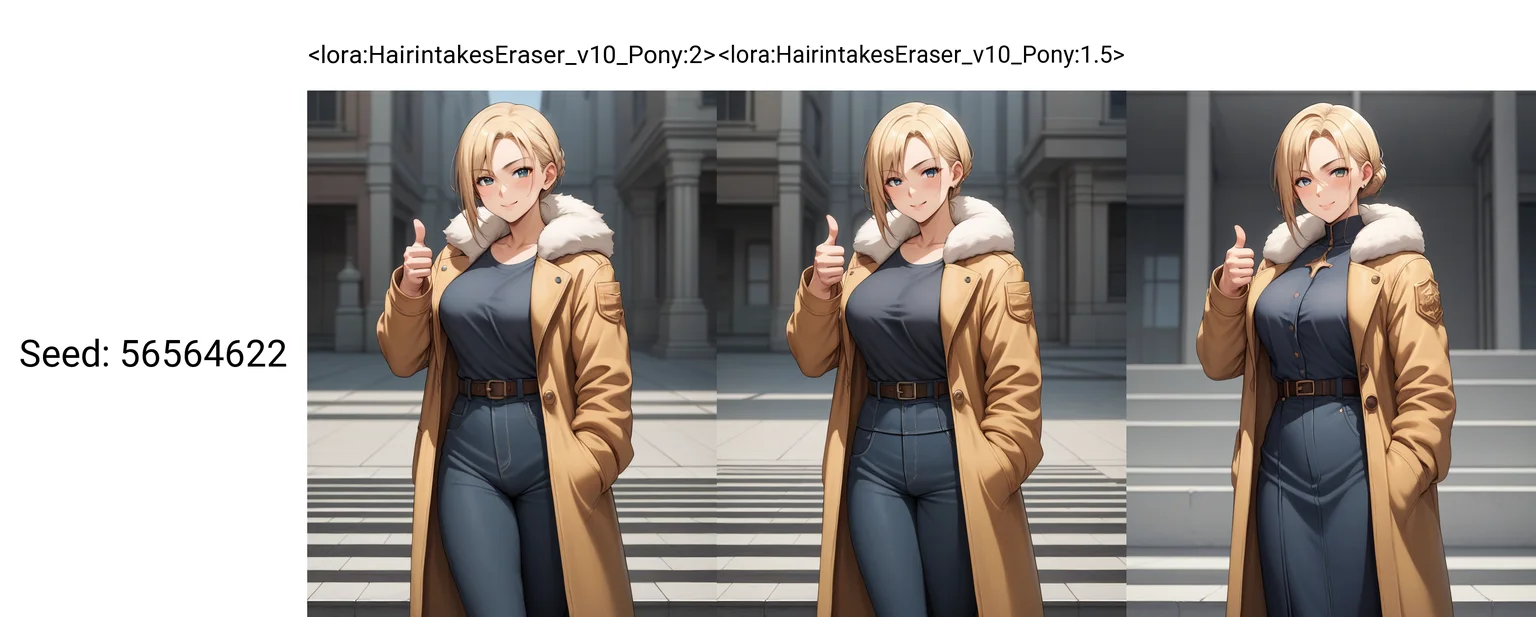 aroused,cowboy shot,thumbs up,bisque hair,coat, <lora:HairintakesEraser_v10_Pony:2>, score_9, score_8_up, score_7_up, BREAK source_anime, rating_questionable, best quality, masterpiece, uncensored,[pony diffusion V6 is trained by PurpleSmartAI:100]