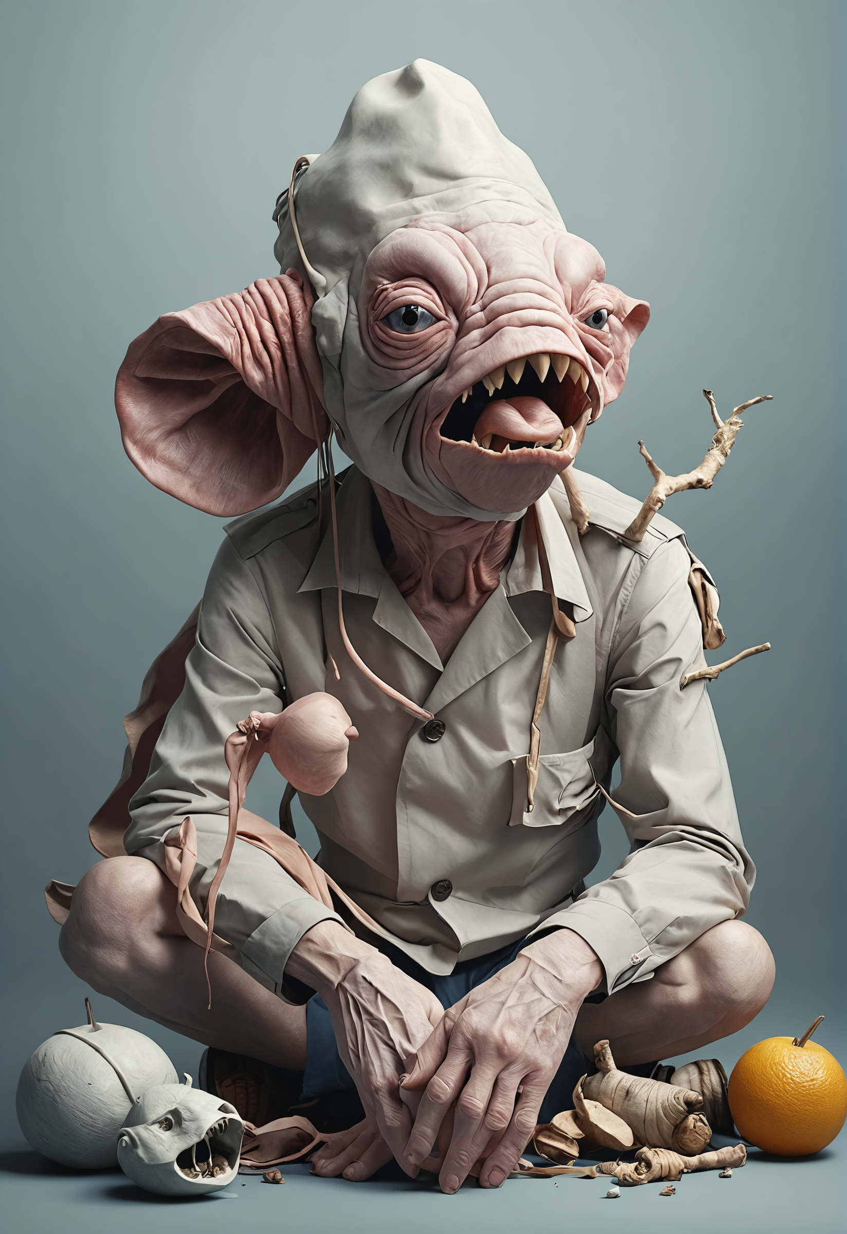 photography in the style of detailed hyperrealism ,Claes Oldenburg,Tsutomu Nihei ,Nick Knight,Patricia Piccinini, Robert Rauschenberg,guernica,intricate,two color background,foggy,hyper detailed, AES+F,poster,artstation, <lora:add-detail-xl:0.5>
 <lora:MJ52:0.1>