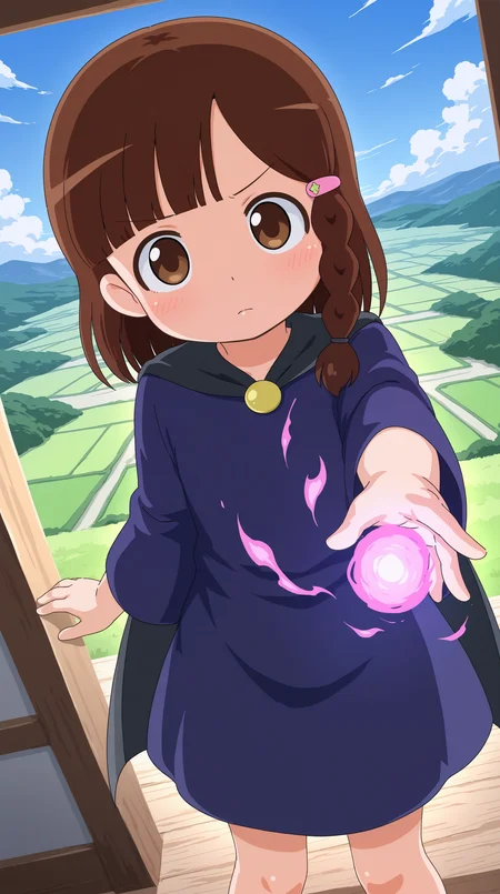 masterpiece, best quality, amazing quality, very aesthetic, absurdres, best quality, 4k, upscale, indoors, slightly side, dynamic pose, foreshortening, outdoors, sky, landscape, magic, riri, 1girl, brown hair, solo, braid, brown eyes, hair ornament, looking at viewer, dress, hairclip, blush, bangs, cape, closed mouth, blue dress, side braid, blunt bangs, single braid <lora:Riri_ILv2:0.8>