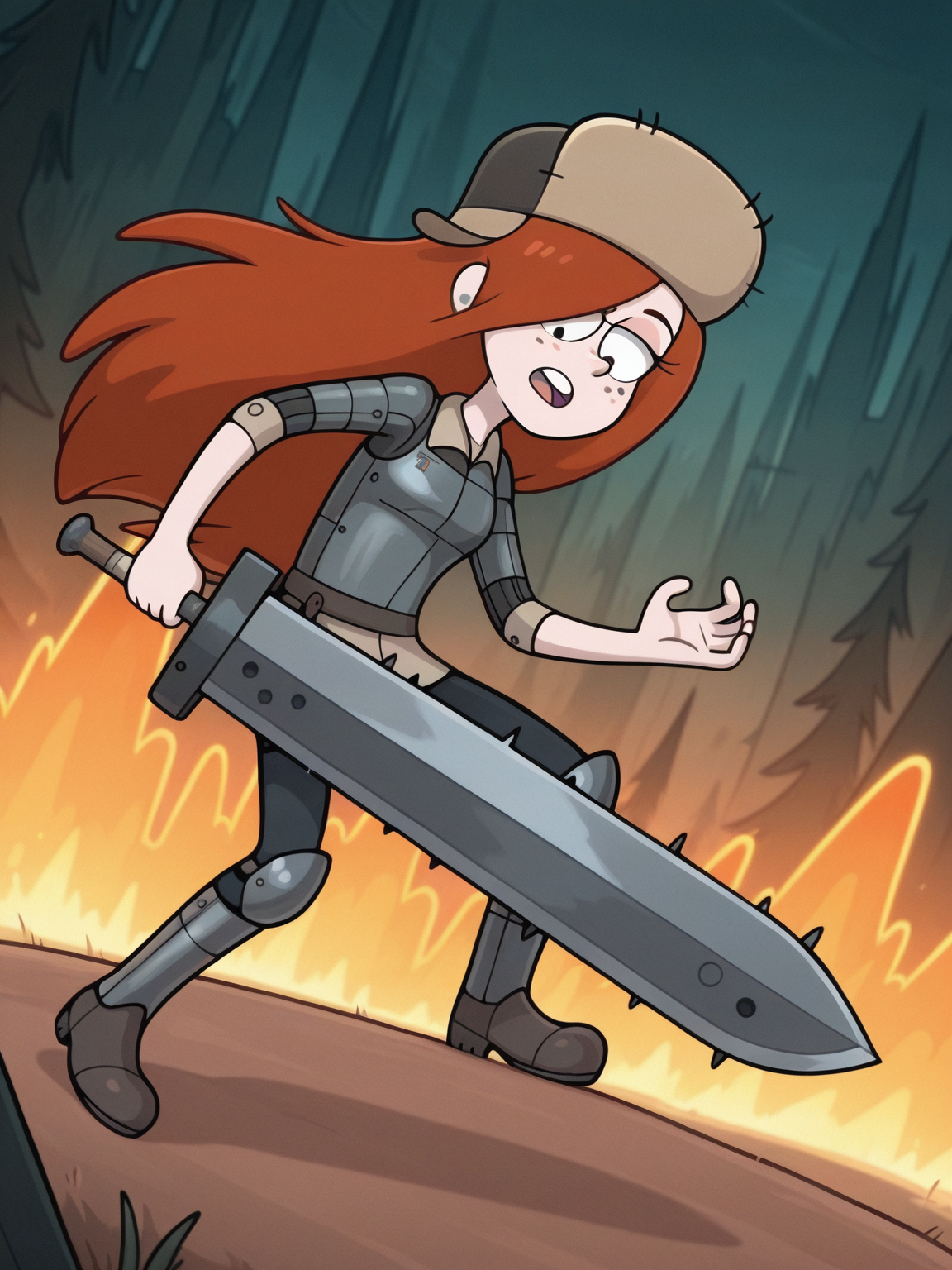 <lora:WendyCorduroyIL:0.8> w_g_f, 1girl, ginger hair, pupils black dots, black eyes, freckles, gray earrings, fur hat,
gigantic sword, steel armor,glowing liens, action, full body, glowing background