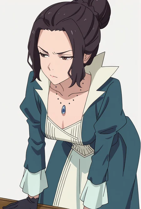 Smooth Quality,masterpiece,very intricate, high quality details, ultra realistic, high detailed skin,detailed enviorement,absurdres,
simple background, white background,
bent over,annoyed,
<lora:Blumund_Queen_cnn:0.8>blumundqueencnn,1girl, black hair, hair bun,
long sleeves, blue dress, black gloves,jewelry, necklace,