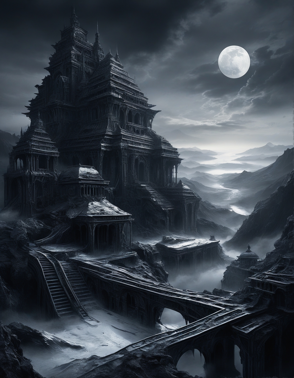 Dark Fantasy Art of Dark Moody Atmosphere, H.R. Giger: (biomechanical horror), (alien landscapes), (Futuristic color guide), (surreal organic forms),
Kim Hong-do: (minimalist landscapes), (balanced composition), (soft ink washes), (philosophical themes) :cite[7],
machine cathedral with rusted gear ecosystems,
Indonesian rice terraces at dawn,
Heatwave Weather,
a winter cloudscape, with clouds heavy with snow, the sky a soft gray, promising a gentle snowfall,
Moonlit midnight clarity,
Fall foliage color explosions,
<lora:add-detail-xl:0.7>,
<lora:DetailMaximizer:0.3>,
<lora:brho:0.2> brho,
<lora:Deep_depth_of_field:0.3>,
<lora:extremely_detailed:1> extremely detailed,
 <lora:MJ52_v2.0:0.25>, dramatic, mysterious, dark moody atmosphere, dark, moody, dark fantasy style