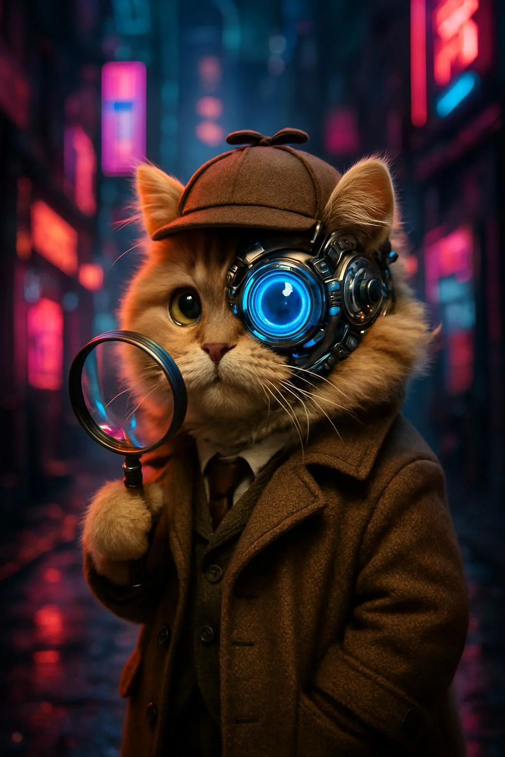 Generate me a cute fluffy cyborg animal in a detectives outfit with a magnifying glass in a cyberpunk city alleyway. cute, fluffy, realistic, 8k, uhd, high quality, depth of field,