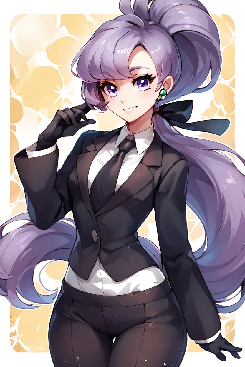 score_9, score_8_up, score_8, medium breasts, (curvy), cute, eyelashes, BREAK, , ,,, zzAnabel, purple hair, purple eyes, long hair, ponytail, ribbon, hair ribbon, bangs, black ribbon, black suit, formal, black tie, black gloves, <lora:Anabel_Pokemon_PDXL:0.8>, ,,,, BREAK, smile, looking at viewer, ,,, abstract background, white outline, cowboy shot, ,,, embedding:zPDXL, Expressiveh, ,,, <lora:CatalystStylePDXL:0.6>, <lora:SDXLFaeTastic2400:0.5>, <lora:Expressive_H-000001:0.4>,