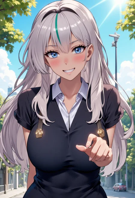 semi-realistic anime art, Flat colour anime style image showing, mythp0rt, a mature female, perfect hand, Detailed hand, nebris, huge_breasts, dark_skin, blue_eyes, bangs, ivory hair, multicolored_hair, green_streaked_hair, school unifrom, sunlights, smile, looking at viewer, attractive pose,