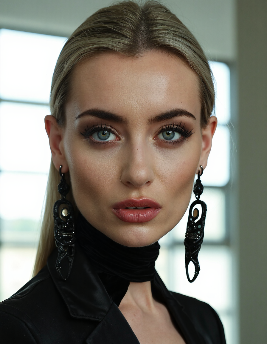 The reflective surfaces of her earrings and outfit create a dynamic interplay with the environment, emphasizing her sleek presence. The minimalist background allows the viewer to focus on her eye-catching fashion and makeup. Captured with a Sony A7R IV camera and a 50mm f/1.2 G Master lens for a beauty editorial shoot, this composition highlights her fashion-forward aesthetic. Inspired by avant-garde fashion photography from Sølve Sundsbø, this image blends contemporary fashion and minimalist elegance, embodying mythp0rt and niji_flux styles for a sleek, high-fashion vision. ((portrait))