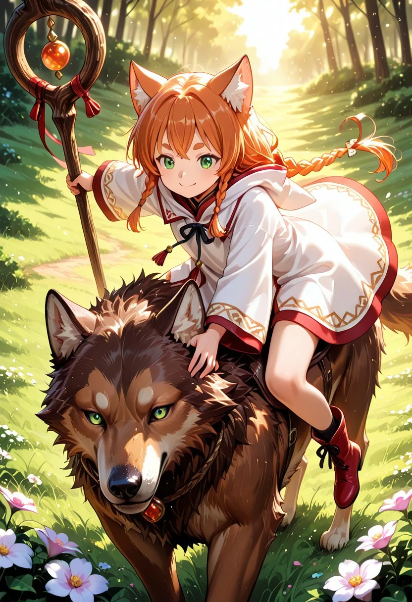 1girl, solo, masterpiece, best quality, newest, absurdres, CG, anime, source anime, illustration, very aesthetic, high resolution, ultra-detailed, newest, scenery, medium depth of field, rule of thirds, masterpiece-level, clean lines, sharp, focused subject, <lora:Mimi_Pearlbaton:0.85>
BREAK 1girl, solo, long hair, hair ornament, animal ears, green eyes, braid, cat ears, orange hair, twin braids,
white robe, red boots, holding wooden staff,
dynamic pose, smiling, riding on wolf, brown wolf
outdoors, meadow, flowers, bushes, rhododendrons
cinematic angle, various angles, detailed background, beautiful background, (rays light:1.0),(grow:1.0), light particles
