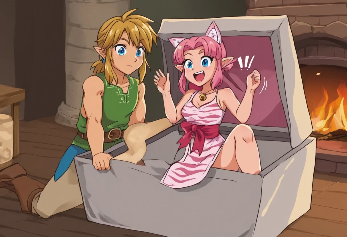 Pink_DragonPink, 1girl, sleeveless dress, white tiger print dress, pelvic curtain, bright pink hair, cleavage, cat bell necklace, cat ears, tanned, white tiger tail, red sash, small breasts, leather shoes, masterpiece, very aesthetic, <lora:pink-illustrious:1>, open mouth smiling, one fang showing
Break
1boy,Anime screencap,link (zelda),blonde hair,blue eyes,pointy ears, low ponytail, sidelocks, wearing blue hyilian tunic, surprised
Break
Inside cozy medieval shack, hyilian decorations on the walls, in front of fireplace, pr3s3nt, gift box, pink in container, waist up, link opening box, link surprised by pink popping up out of it,