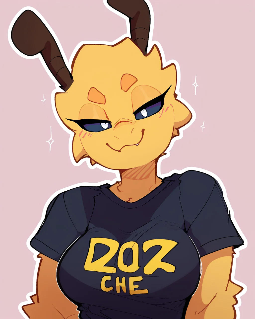 score_9_up, score_8_up, score_7_up, score_6_up, by remanedur, half-length portrait, bee, yellow body, narrowed eyes, smug, large breasts, furry female, yellow body, yellow fur, female, furry, looking at viewer, t-shirt, bottomless, solo, neutral expression, three-quarter view, head tilt, simple background, white outline,  <lora:Leah_Pines(AIM)_XL_v1:0.15> <lora:PDXL_artist_tags_v2_big:0.5> <lora:The-Minuscule-Task_PDXL_v1.0:0.6>   <lora:Mercy_goonie:0.55>