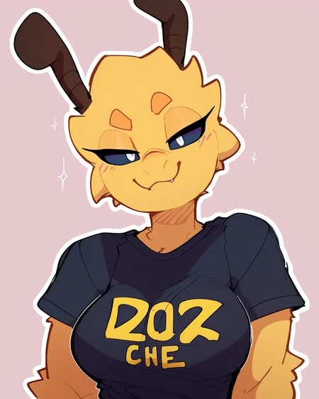 score_9_up, score_8_up, score_7_up, score_6_up, by remanedur, half-length portrait, bee, yellow body, narrowed eyes, smug, large breasts, furry female, yellow body, yellow fur, female, furry, looking at viewer, t-shirt, bottomless, solo, neutral expression, three-quarter view, head tilt, simple background, white outline, <lora:Leah_Pines(AIM)_XL_v1:0.15> <lora:PDXL_artist_tags_v2_big:0.5> <lora:The-Minuscule-Task_PDXL_v1.0:0.6> <lora:Mercy_goonie:0.55>