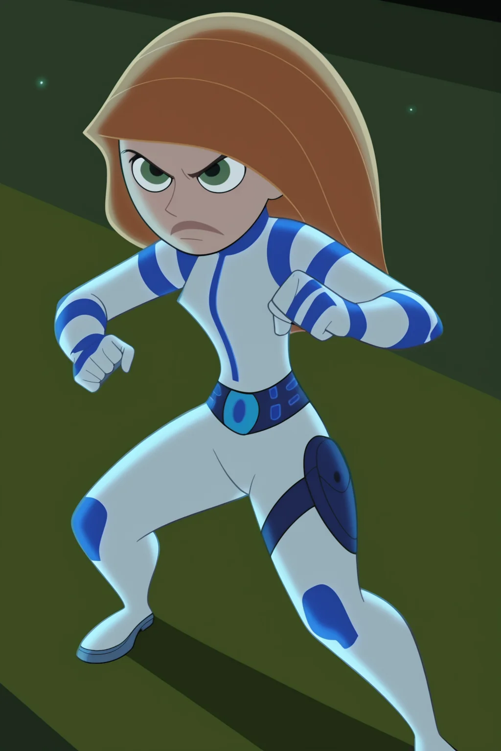 score_9, score_8_up, score_7_up, score_6_up, score_5_up, score_4_up, BREAK, <lora:Kim_Possible:1>, 1girl, Kim, orange hair, green eyes, white bodysuit, clenched fists, fighting stance, frown, closed mouth