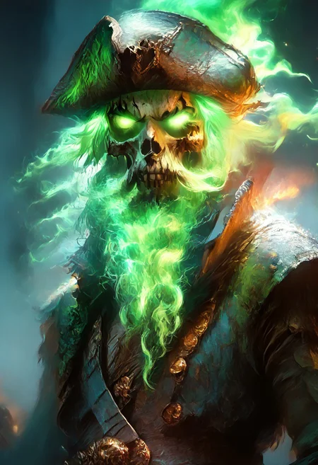 score_9, score_8_up, score_7_up, 8k, portrait, vintage, ghostpirateworld, hkpirate, illustration, 1man, (undead pirate:1.4), armoured, pirate hat, ghostly green eyes, big beard, Fiery_Hair, green hair, green flaming beard, dynamic pose:1.6, wearing rugged hide armor, ghostly aura, ghost fire, green fire, bokeh:1.4,