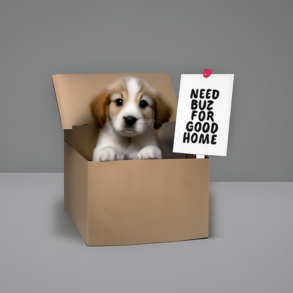 sad puppy in box with a sign saying "Need buz for good home"
