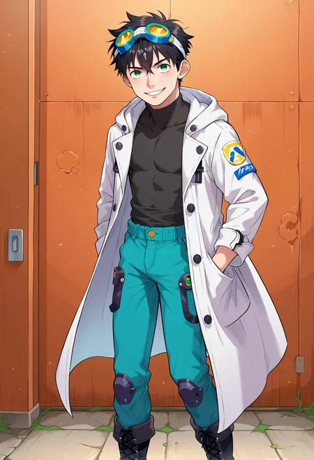 score_9, score_7_up, source_anime, solo, BREAK <lora:molokonomi_ForPonyV2:1> male focus,, smile, 1boy, green eyes, short hair, black hair, bangs, hair between eyes, messy hair, (goggles on head:1.2), headband, white coat, hooded coat, hood down, open coat, black turtleneck, capri pants, layered pants, black knee boots,