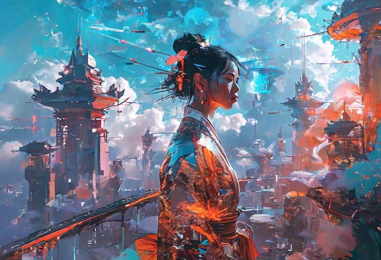 Art by THE scandinavian Style Palette(impressionism:1.7)-----in THE Style of Josef kote----
Cinematic composition perspective, Fractured, impressionistic
((masterpiece, best quality, extremely detailed, absurdres)),(cyberpunk illustration, dynamic lighting), flying above a futuristic sci-fi Chinese city lit by jade fires, 1girl, artistic use of contrasting colours and brightness, beautiful face, resplendently highlighted.
double exposure
(guarded by a Chinese dragon made of cloud:1.2), two broken moons can be seen in the sky, fullbody, dress, <lora:flat2:-1.8>, 8k, very fine detail, cinematic composition and lighting, gold leaf highlights
Resplendent spotlighting.