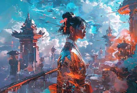 Art by THE scandinavian Style Palette(impressionism:1.7)-----in THE Style of Josef kote----
Cinematic composition perspective, Fractured, impressionistic
((masterpiece, best quality, extremely detailed, absurdres)),(cyberpunk illustration, dynamic lighting), flying above a futuristic sci-fi Chinese city lit by jade fires, 1girl, artistic use of contrasting colours and brightness, beautiful face, resplendently highlighted.
double exposure
(guarded by a Chinese dragon made of cloud:1.2), two broken moons can be seen in the sky, fullbody, dress, <lora:flat2:-1.8>, 8k, very fine detail, cinematic composition and lighting, gold leaf highlights
Resplendent spotlighting.