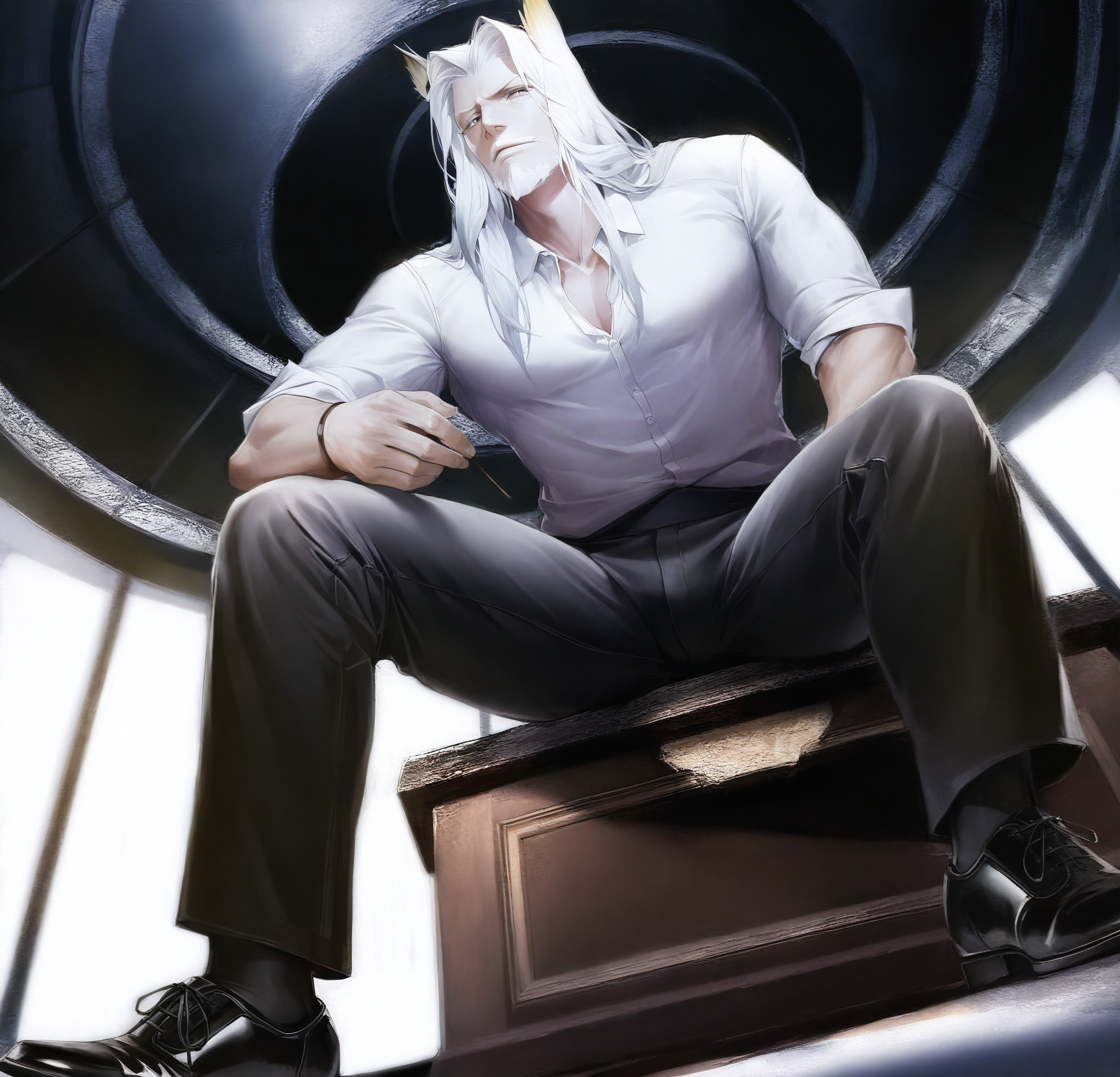 realistic shading,dark environment,dim lighting,expressive face,looking at viewer,1boy,male focus,black pants,mature male,long hair,beard,shirt,white hair,animal ears,white hair,pantyhose,<lora:HLGIIL3>,black footwear,white shirt,old,old man,manly,dynamic angle,masterpiece,best quality,naughty face,closed mouth,serious,shiny skin,wet,leaning against ice-wall,sitting,legs apart,imposing,dark ice-palace interior,from below,dutch angle,dynamic angle,fidgetting,intricately detailed illustration,masterpiece,best quality,amazing quality,very aesthetic,absurdres,newest,, score _9,score_8_up, score_7_up,source_anime,rating_explicit,