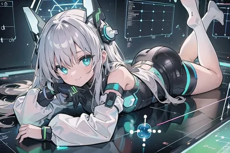 (masterpiece), (science fiction:1.4), 1girl, lying on a mirror, smile, silver hair, aqua eyes, headgear, long sleeves, detached sleeves, glowing energy clothing