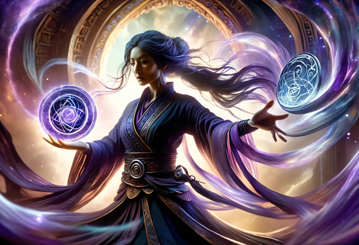 hyper detailed masterpiece, dynamic, awesome quality,female caster casting swirling vortex of shimmering translucent energy, ethereal shades of violet and indigo, pulses with ancient runes, arcane symbols that appear and disappear, aura of mystery and deep, hidden knowledge, emits a faint otherworldly hum, whispering the secrets of the universe DonMM4g1cXL <lora:DonMM4g1cXL_v1.2:1>