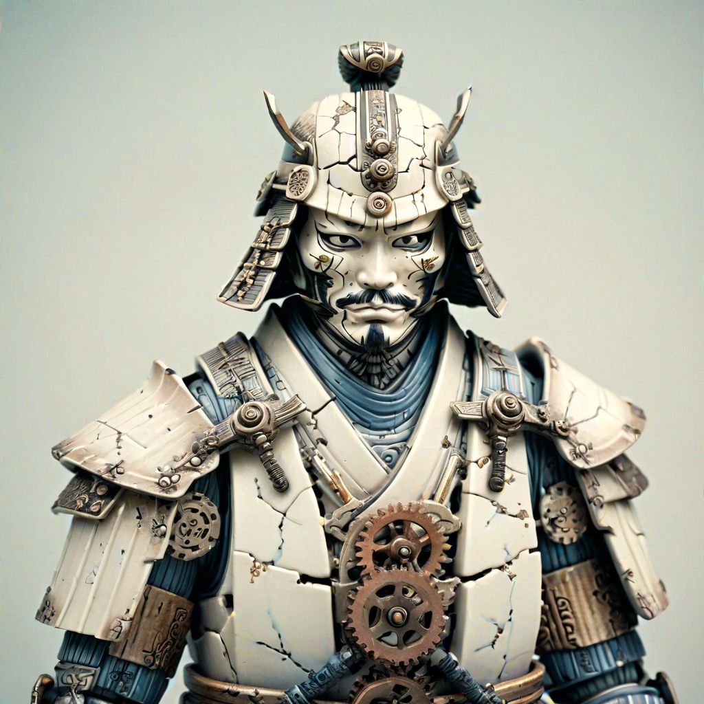 cracked porcelain samurai statue, weathered, fractures revealing gears, clockwork mechanisms, steampunk, reborn, detailed textures, muted color palette, vignette, centered composition
