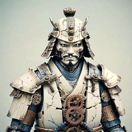 cracked porcelain samurai statue, weathered, fractures revealing gears, clockwork mechanisms, steampunk, reborn, detailed textures, muted color palette, vignette, centered composition