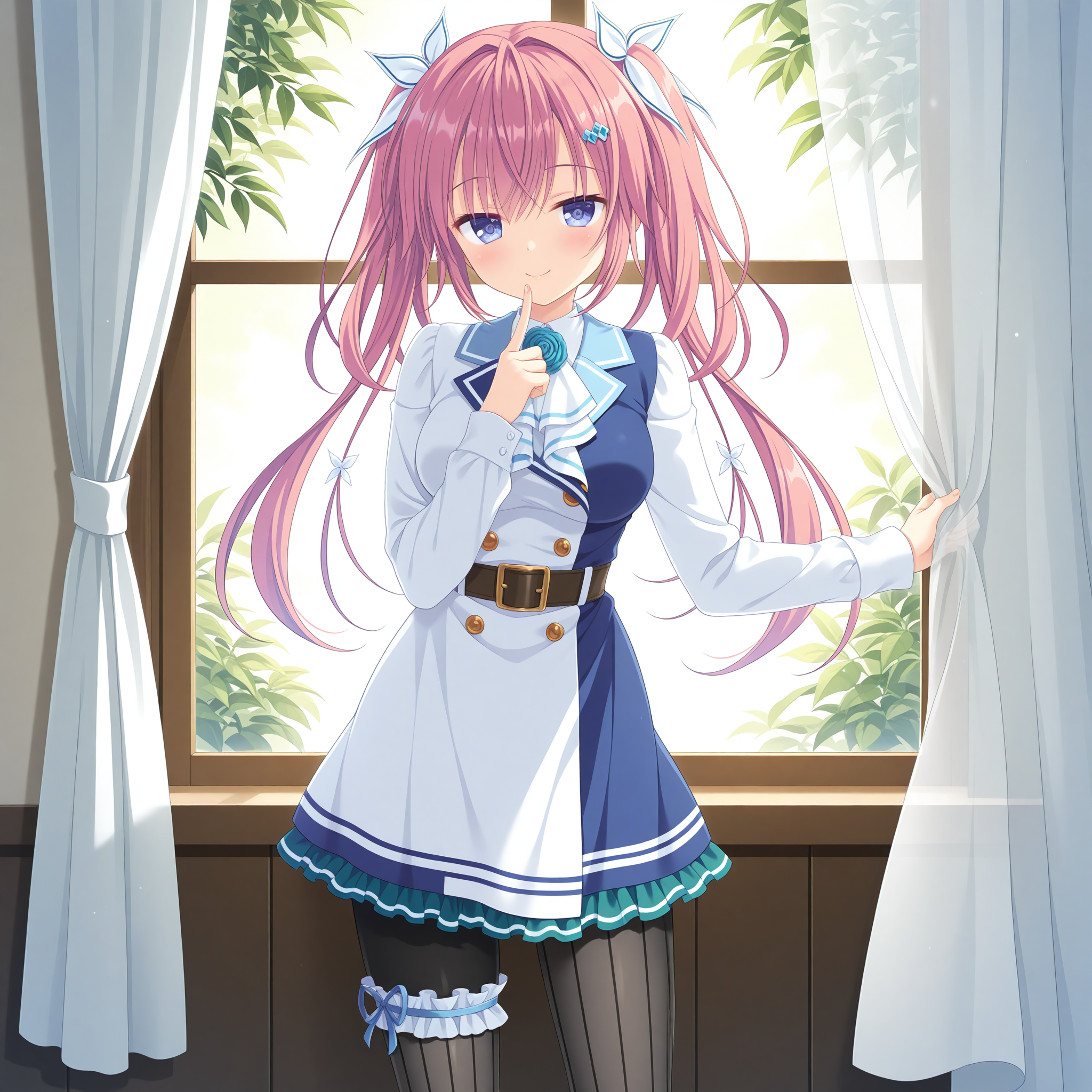 <lora:Shirakawa_Hiyori_1_nai-000033:1>,Shirakawa Hiyori,
twintails,hairclip,hair ribbon,two-tone dress,white dress,blue dress,collared dress,short dress,grey thighhighs,vertical-striped thighhighs,brown belt,long sleeves,ascot,black pantyhose,neck flower,blue rose,white bow,bridal garter,blue skirt,belt buckle,white ribbon,thigh strap,frilled skirt,green skirt,
BREAK
1girl,solo,smile,window,standing,curtains,curtain grab,looking at viewer,front view,cowboy_shot,finger to mouth,