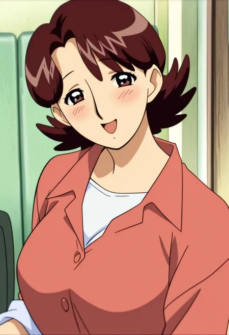 best quality, masterpiece, anime screencap, anime coloring, ultra detailed, source_anime, intricate details, perfect anatomy, 1girl, solo, looking at viewer,
harukaze haruka, brown hair, short hair, flipped hair, brown eyes, bangs, parted bangs, breasts, large breasts, mature female,
upper body, smile, happy,
shirt, red shirt, pants, shoes, smile, open mouth, shirt, collared shirt, sleeves rolled up, buttons,
indoors, blush, happy, :d