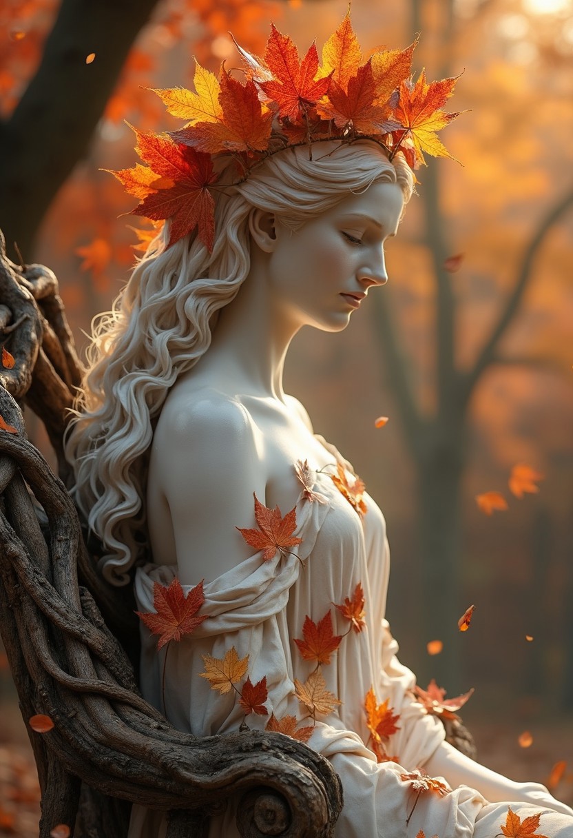 Create a hyper-realistic image of a classical marble statue of a beautiful autumn queen, fully adorned in a flowing gown made of intricately carved autumn leaves. Her gown seamlessly drapes over her figure, covering her modestly while maintaining a regal and graceful appearance.
Her throne is shaped from twisted tree roots, beautifully detailed to resemble the natural, gnarled texture of aged wood. Resting upon her head is a crown of maple leaves, delicately crafted with each leaf curling slightly, as if caught in a gentle autumn breeze. The crown appears to glow with the colors of autumn, despite being sculpted from marble, blending harmoniously with her long, flowing hair.
In the background, the warm hues of fall dominate the landscape, with rich reds, oranges, and yellows of the season creating a vibrant tapestry behind her. Soft light filters through the trees, casting subtle shadows across her throne and gown, emphasizing the detailed textures of the sculpture. The scene radiates the beauty and tranquility of autumn, blending art and nature in perfect balance