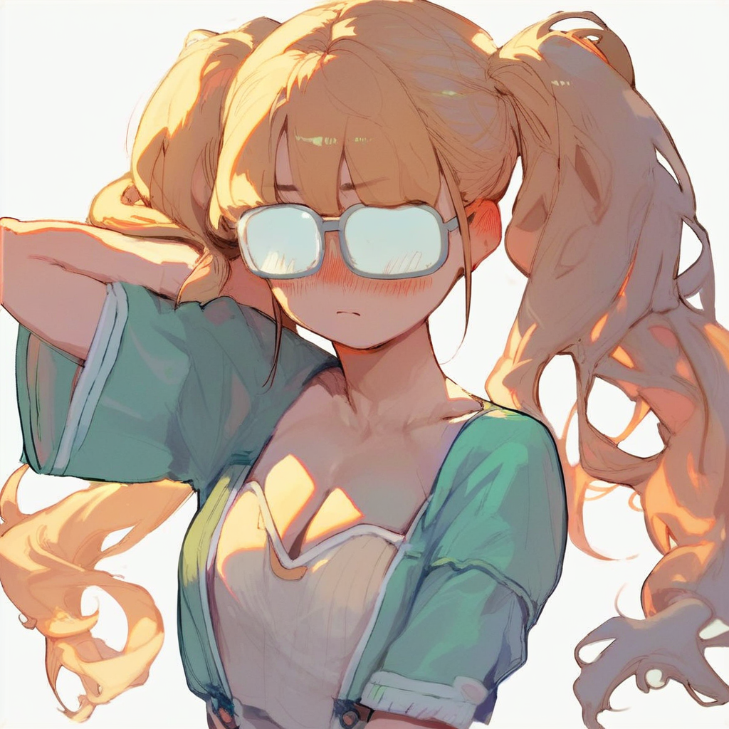 score_9, score_8_up, score_7_up, source_anime BREAK 1girl, twintails, blonde hair, opaque glasses standing, simple background, hand behind head, blush, cleavage, rating_questionable