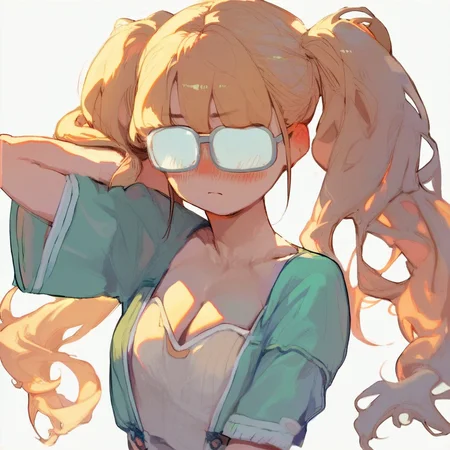 score_9, score_8_up, score_7_up, source_anime BREAK 1girl, twintails, blonde hair, opaque glasses standing, simple background, hand behind head, blush, cleavage, rating_questionable