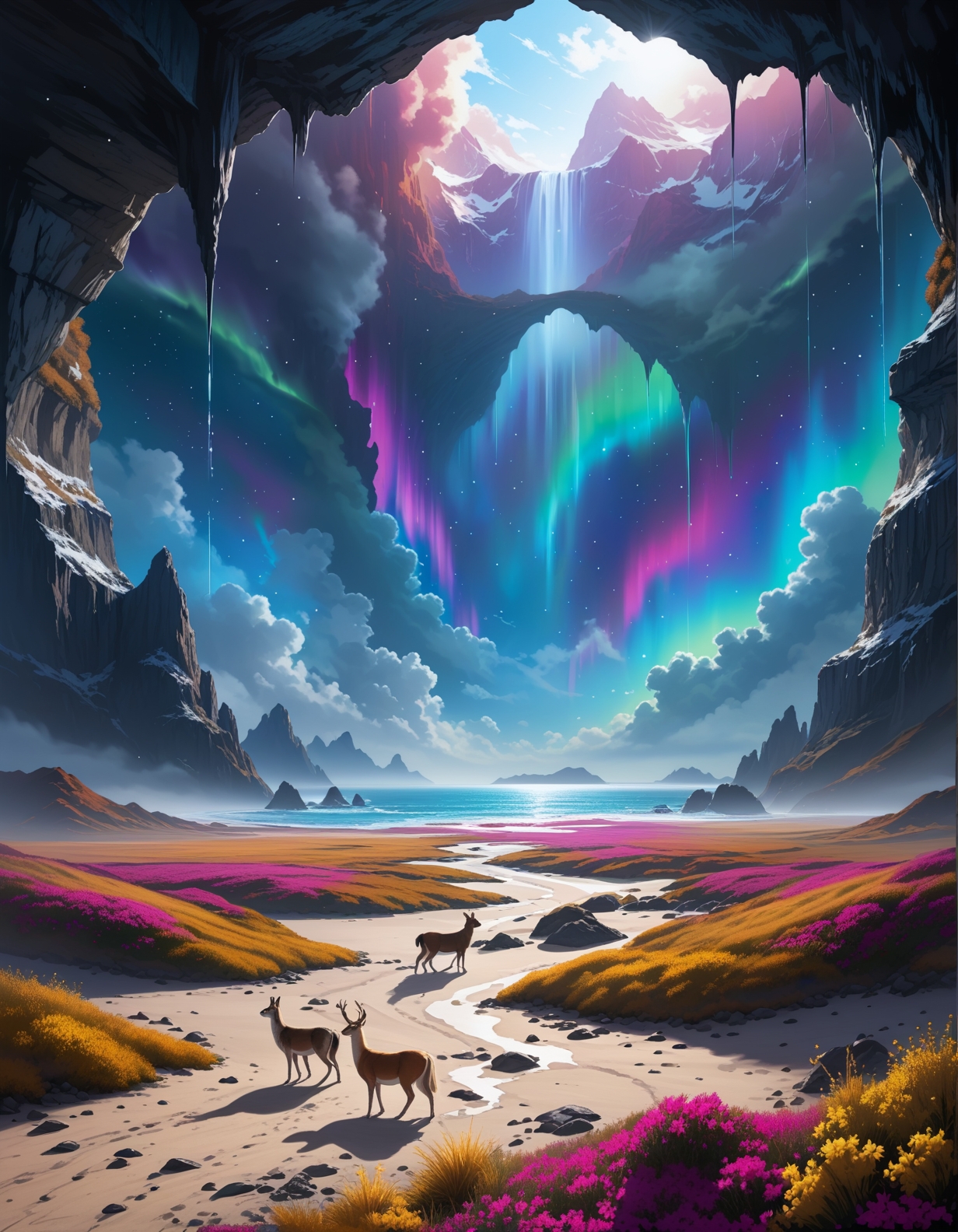 surreal landscape:1.2
Patagonian steppe with guanaco herds,
a misty open sea, with low visibility, eerie silence, and ghostly ambiance ,
Cold and frosty Weather,
Stratocumulus undulatus like sand dunes,
Aurora-induced cyan/magenta gradients,
Autumn maple leaf carpets,
Estuarine brackish mixing zones,
,
Fossilized angels in basalt prisons,
Wind carrying whispered algorithms,
Craig Mullins: (bold brush strokes), (cinematic contrast), (sci-fi realism), (textured surfaces) :cite[2]
(masterpiece:1.4), (intricate details:1.4), (hyperrealistic:1.3),(painting:0.9),(ultra detailed:1.4), (8k resolution:1.3), (sharp focus), (dramatic perspective:1.1), (chromatic aberration:0.3), (film grain:0.2),
<lora:JuggerCineXL2:0.3>,
<lora:add-detail-xl:0.3>,
<lora:WildcardX-XL-Detail-Enhancer:0.4>,
<lora:xl_more_art-full_v1:0.7>,
<lora:ClassipeintXL2.1:0.3>,
<lora:Flux-XL_Scenery:0.3> flux-scenery ,
<lora:EnvyDramaticLightingXL01:0.7>
detailxl,