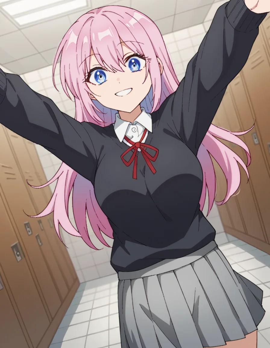 score_9, score_8_up, score_7_up, source_anime, <lora:miyako-shikimori-s1-ponyxl-lora-nochekaiser:1>, miyako shikimori, long hair, blue eyes, hair between eyes, pink hair, medium breasts,, skirt, shirt, school uniform, white shirt, pleated skirt, collared shirt, sweater, grey skirt, ribbon, red ribbon, black sweater,, locker room, lockers, benches, towels, showers, smile, on back, arm support, arms up, incoming hug, pov, reaching, reaching towards viewer,, looking at viewer, solo,, dutch angle, cowboy shot