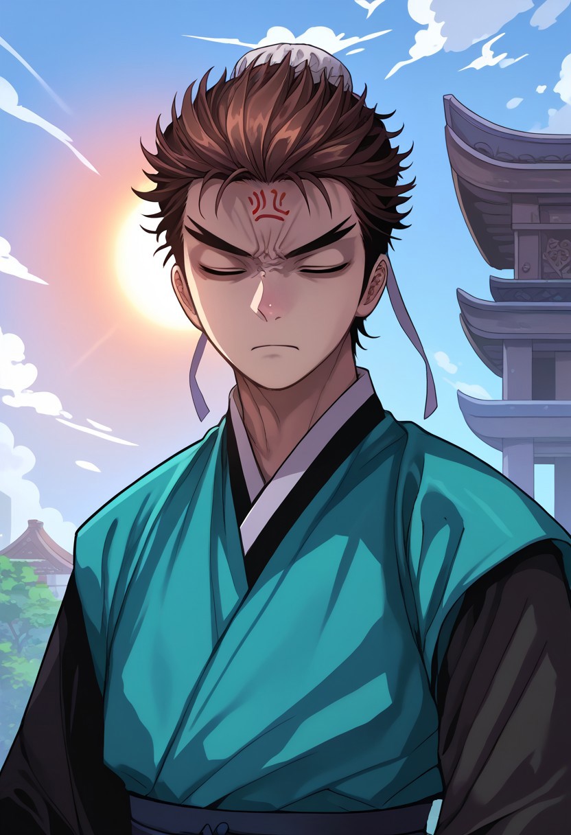 score_9, score_7_up, source_anime, 
mokyoo, 1boy, male focus, solo, closed eyes, brown hair, hair bun, single hair bun, chinese clothes, robe, green robe, shirt, brown shirt, long sleeves,  day, anger vein, parody
outdoor, japan, temple, sky, sun, clouds, portrait,